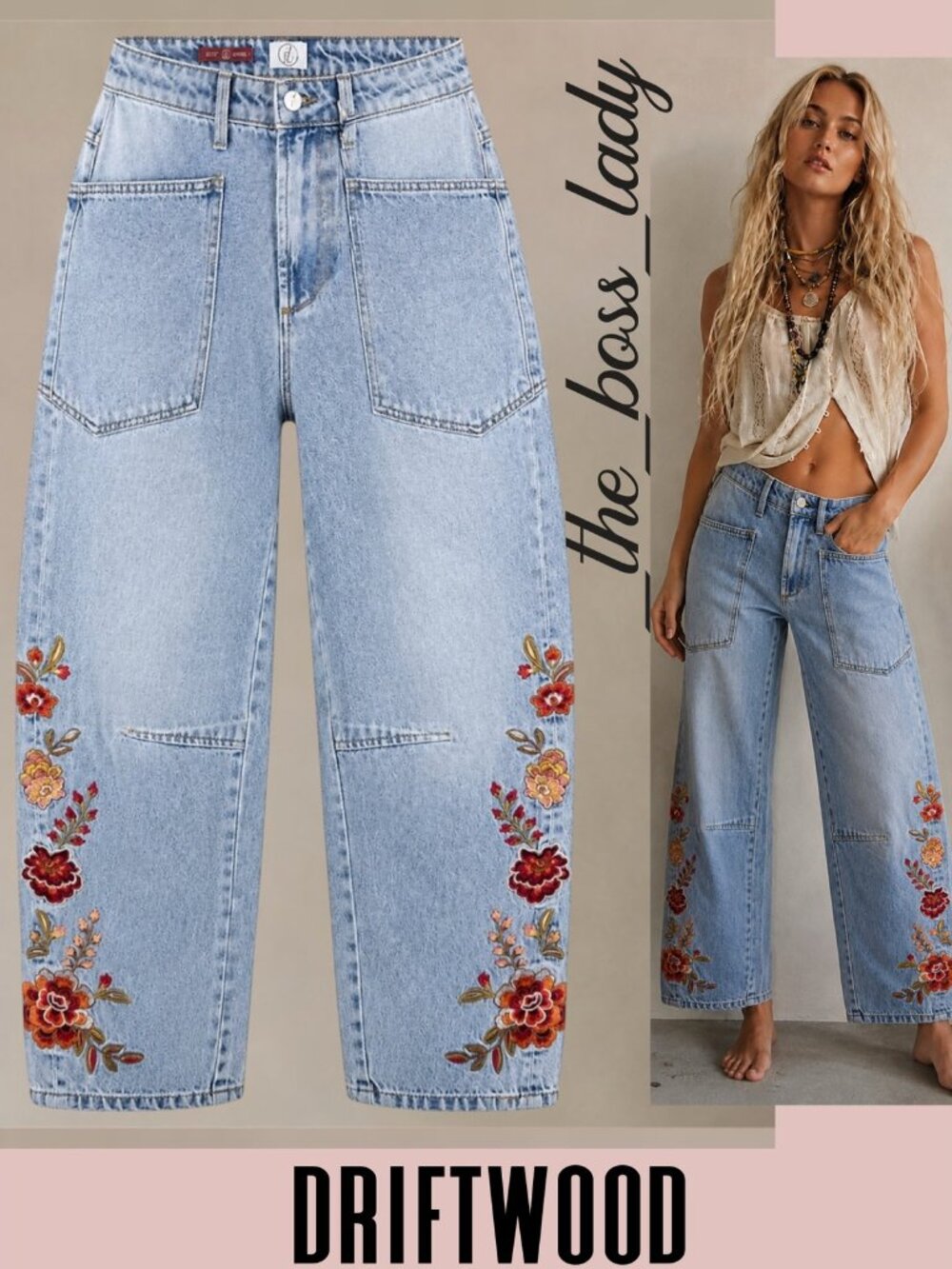 Driftwood barrel jeans relaxed wide-leg pants floral embroidered boho 14